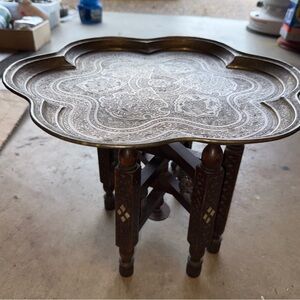 Possibly Ottoman era Bronze table w collapsable 6-leg multi position wood stand.